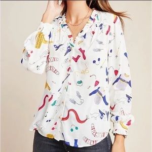 Anthropologie Maeve Marisol Blouse Winter Print Button Down Shirt Blouse Sz 4